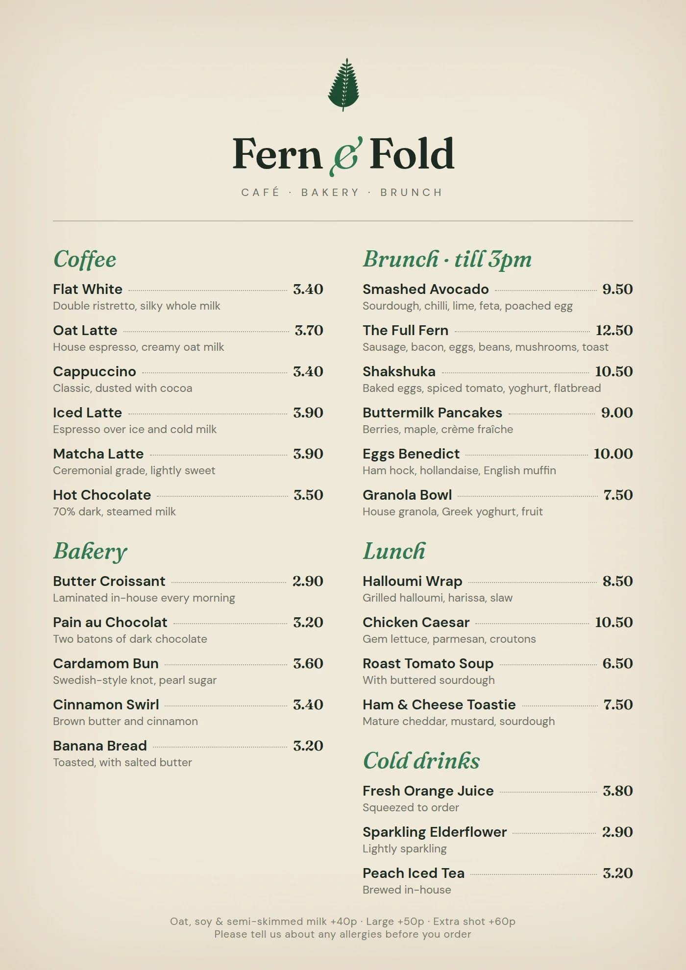 A printed café menu