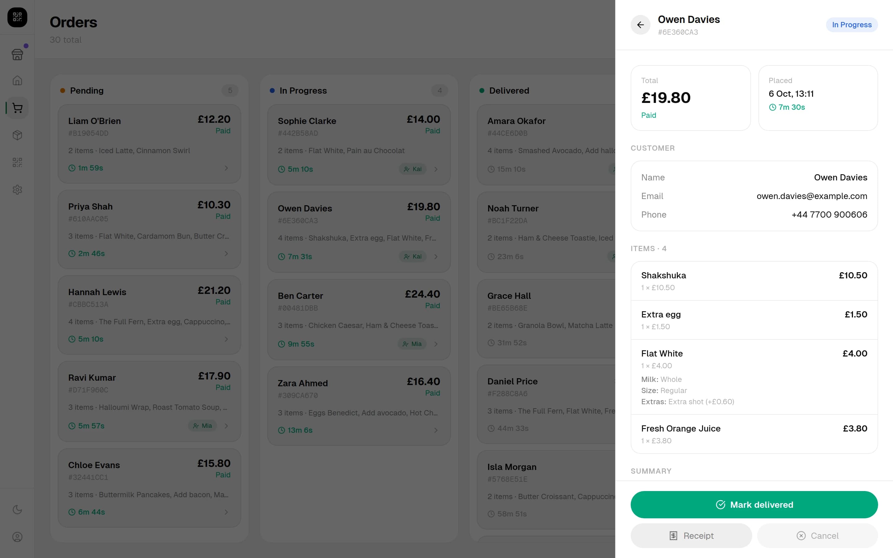 A full order receipt with items, options and customer details