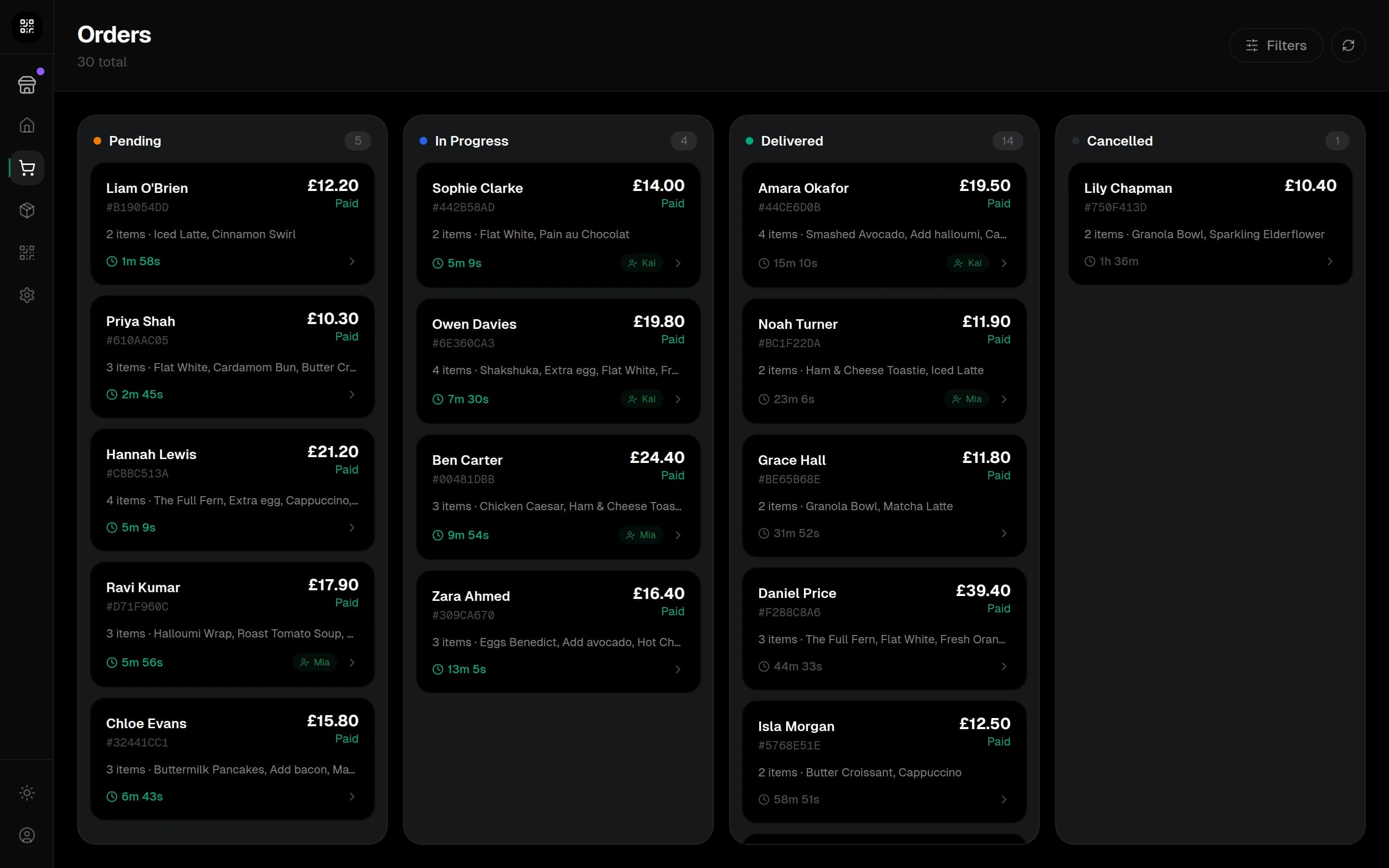 The live order board with pending, in progress and delivered columns