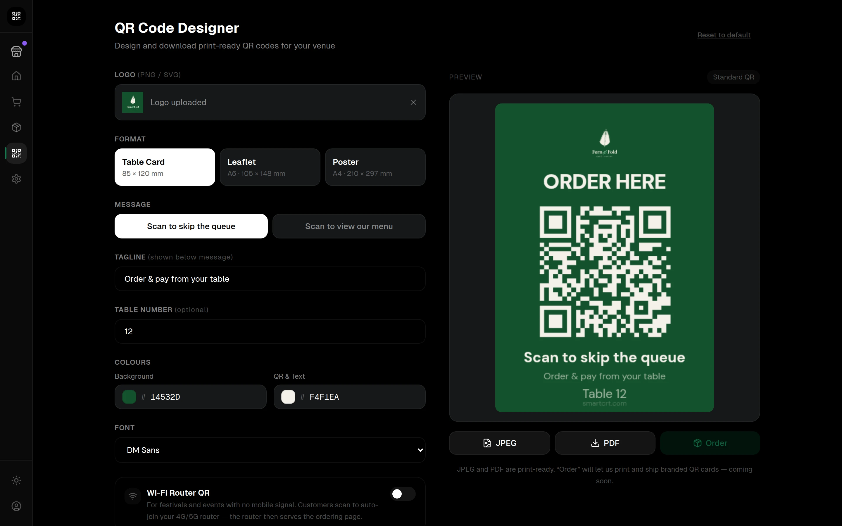 The QR code designer with a live print preview