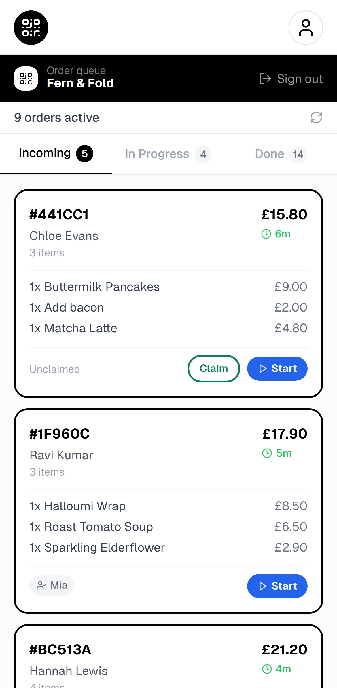 The staff order view on a phone