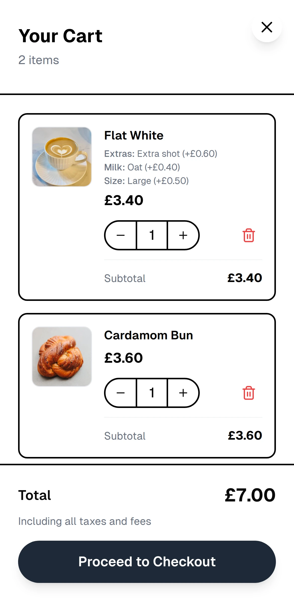 The basket with items, options and the pay button