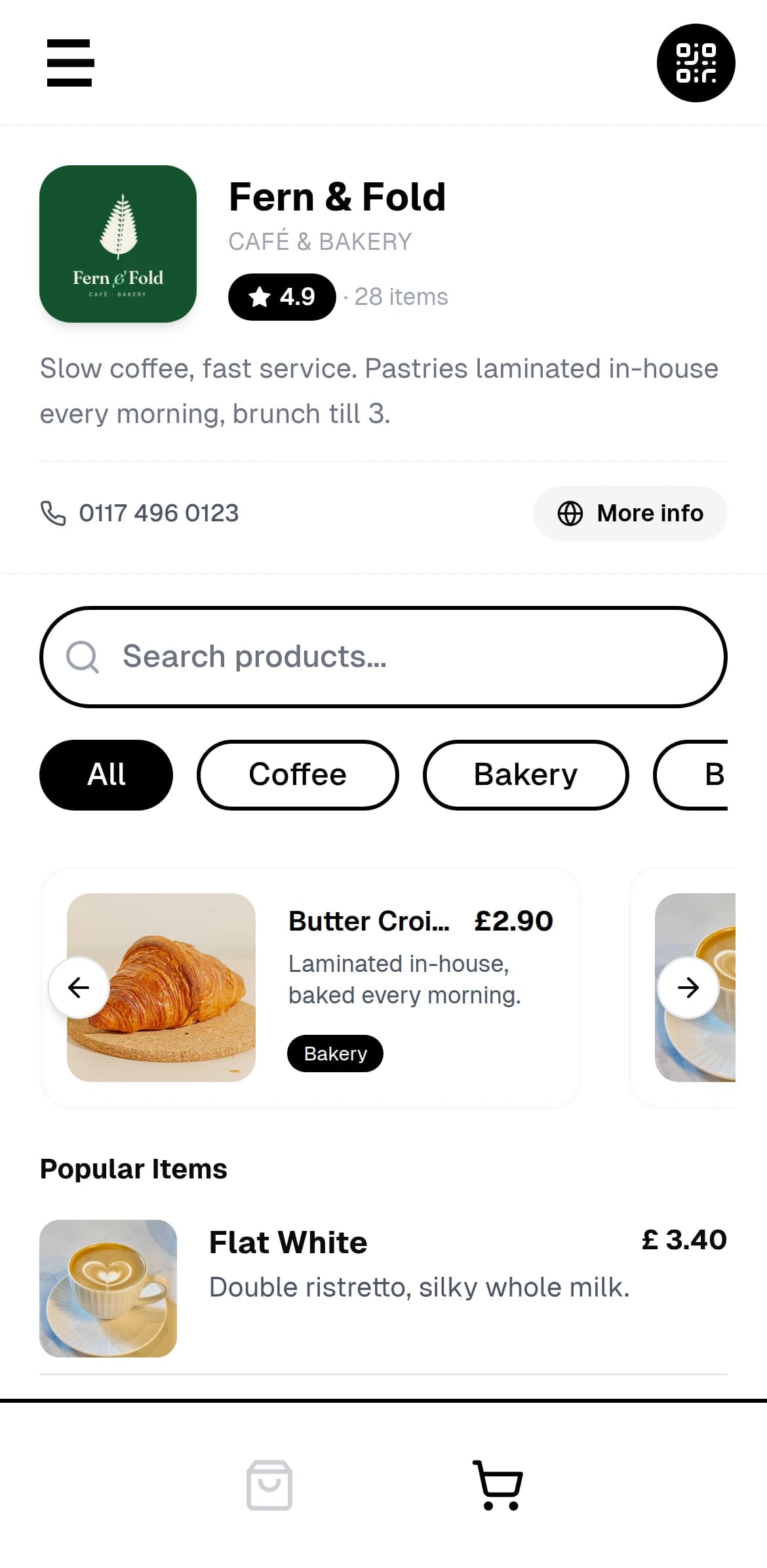 A café's Smartcrt menu on a phone, with photos, categories and search