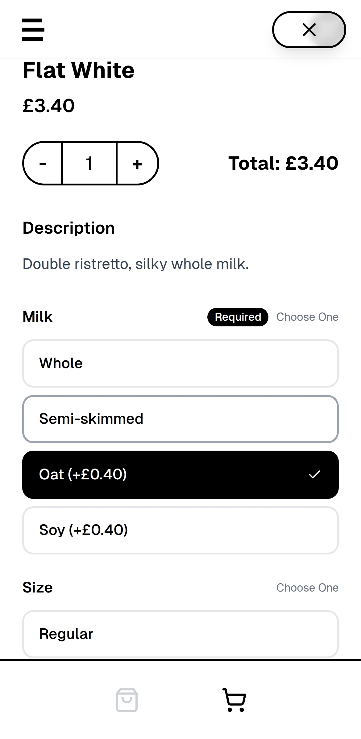 Choosing milk, size and extras for an oat latte