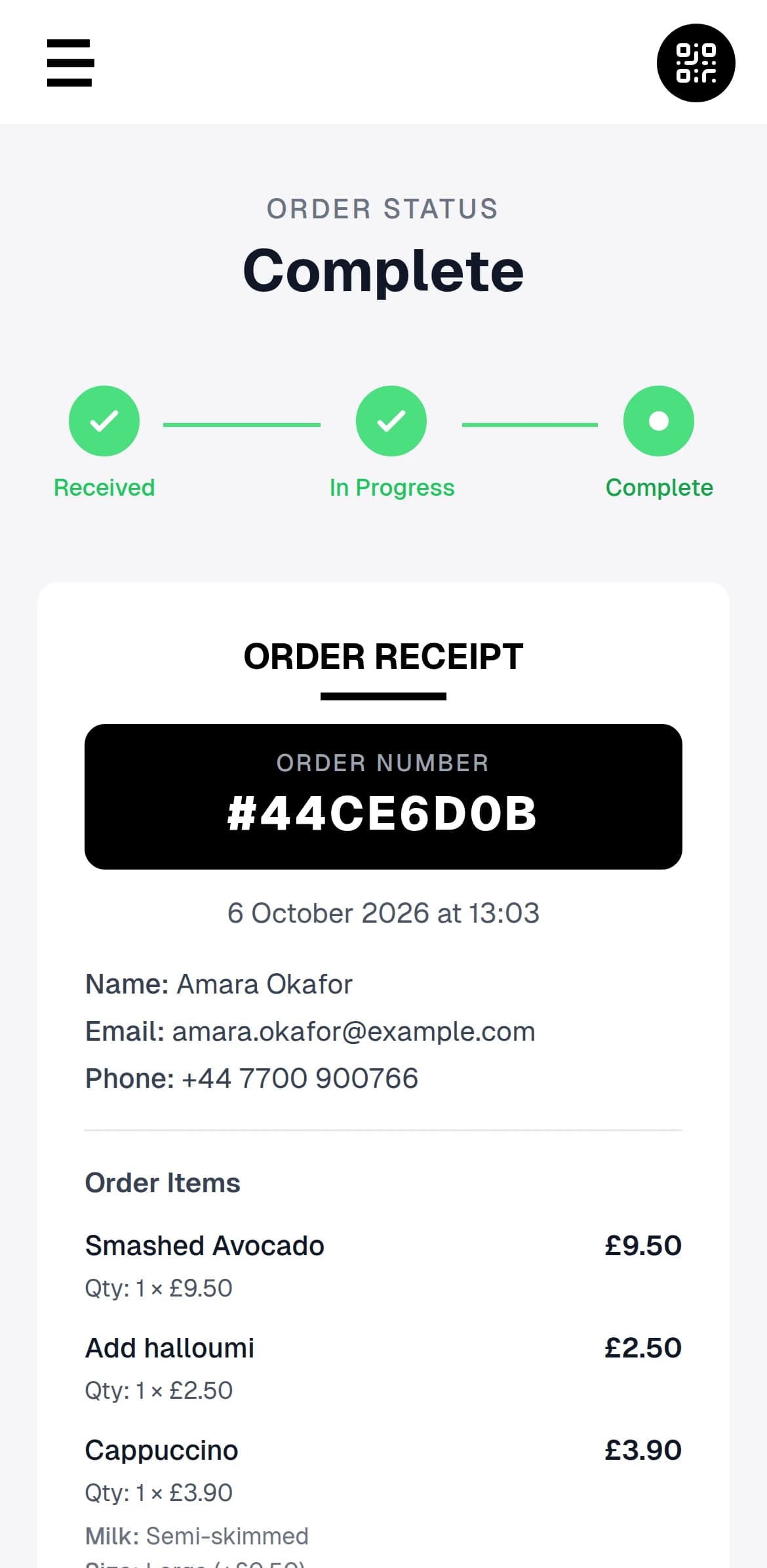 Order tracking showing the order is ready to collect